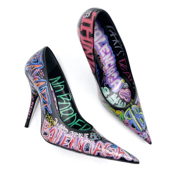Balenciaga Graffiti Knife Pumps Black Leather Heels Pointed Sz 37.5 / 7.5 US - Picture 3 of 12